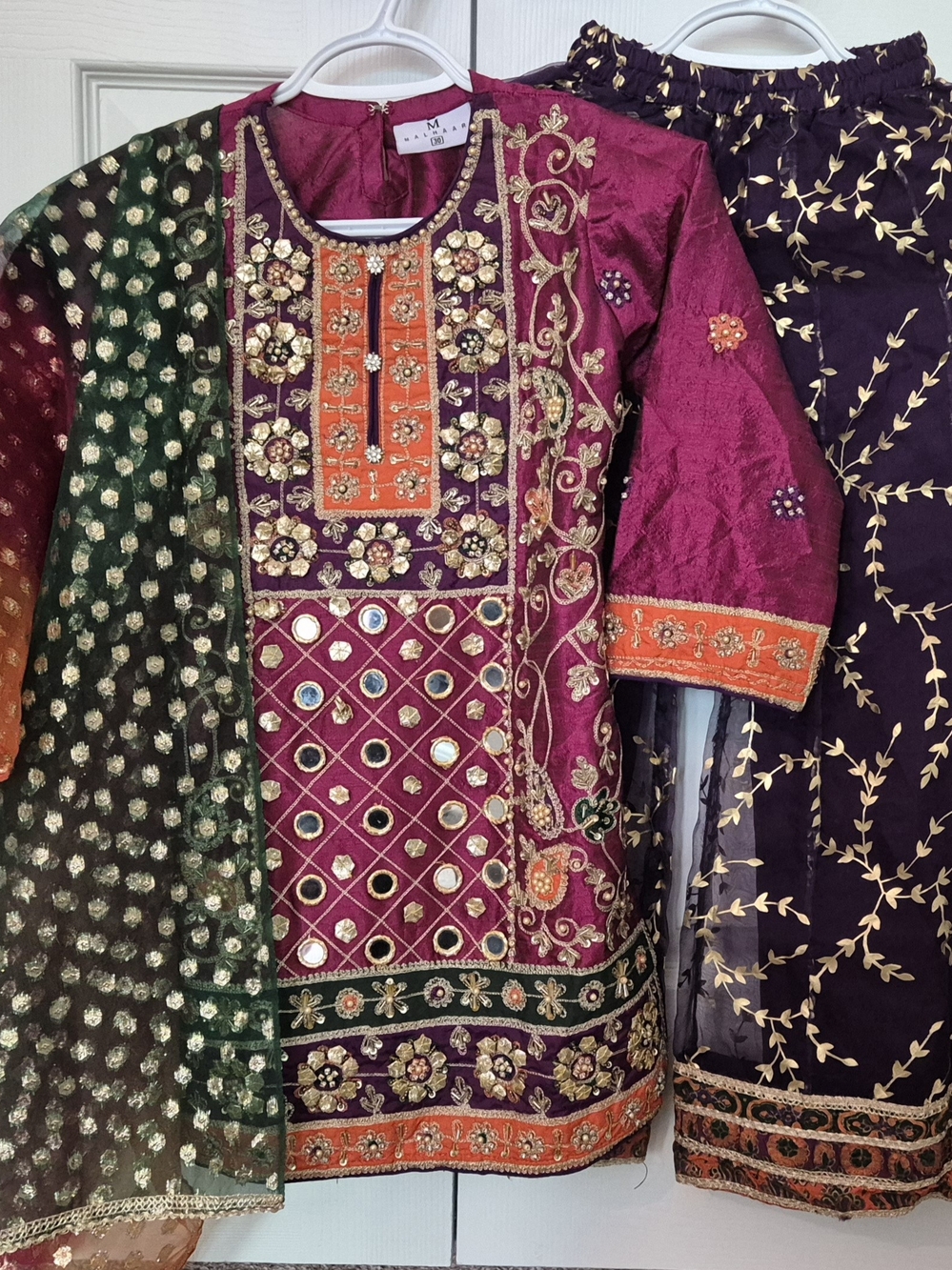 Kids Matching Set - Magenta Embroidered Kurta with Green Dupatta